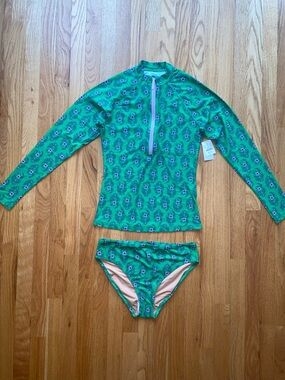 J. Crew Green Floral Long-Sleeve Rash Guard with Bikini Bottoms